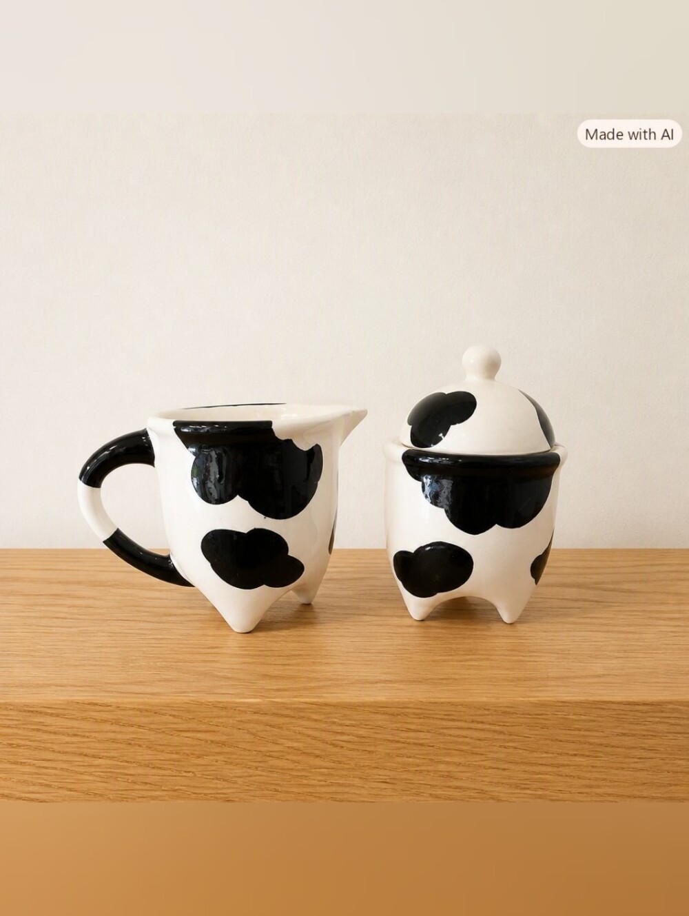 Vintage Cow‑Print Creamer & Sugar Set – Black and White Ceramic – Farmhouse